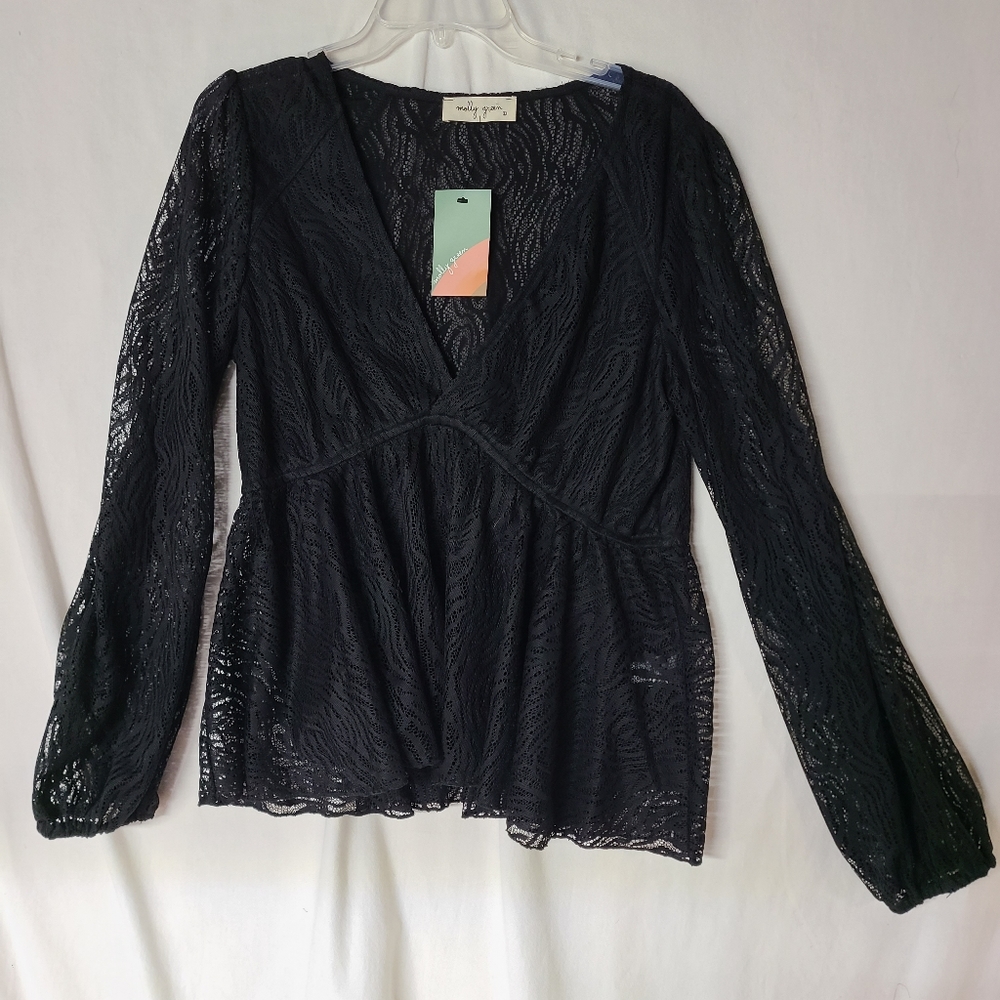 NWT Molly Green Large Black Open Neck V Long Sleeve Lined Lace Top